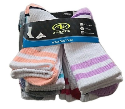 Socks Girls crew Athletic works 6 pair Child Shoe size L/ 4-10