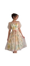 Vintage Dress 50’s-60’s Tea Length Floral Cotton Overlay Peach Color W/ Belt