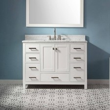 Fully-Assembled Bathroom Vanity Set with White Marble Countertop&Back Splash Fully-Assembled Bathroom Vanity Set with White Marble Countertop&Back Splash - Image 1