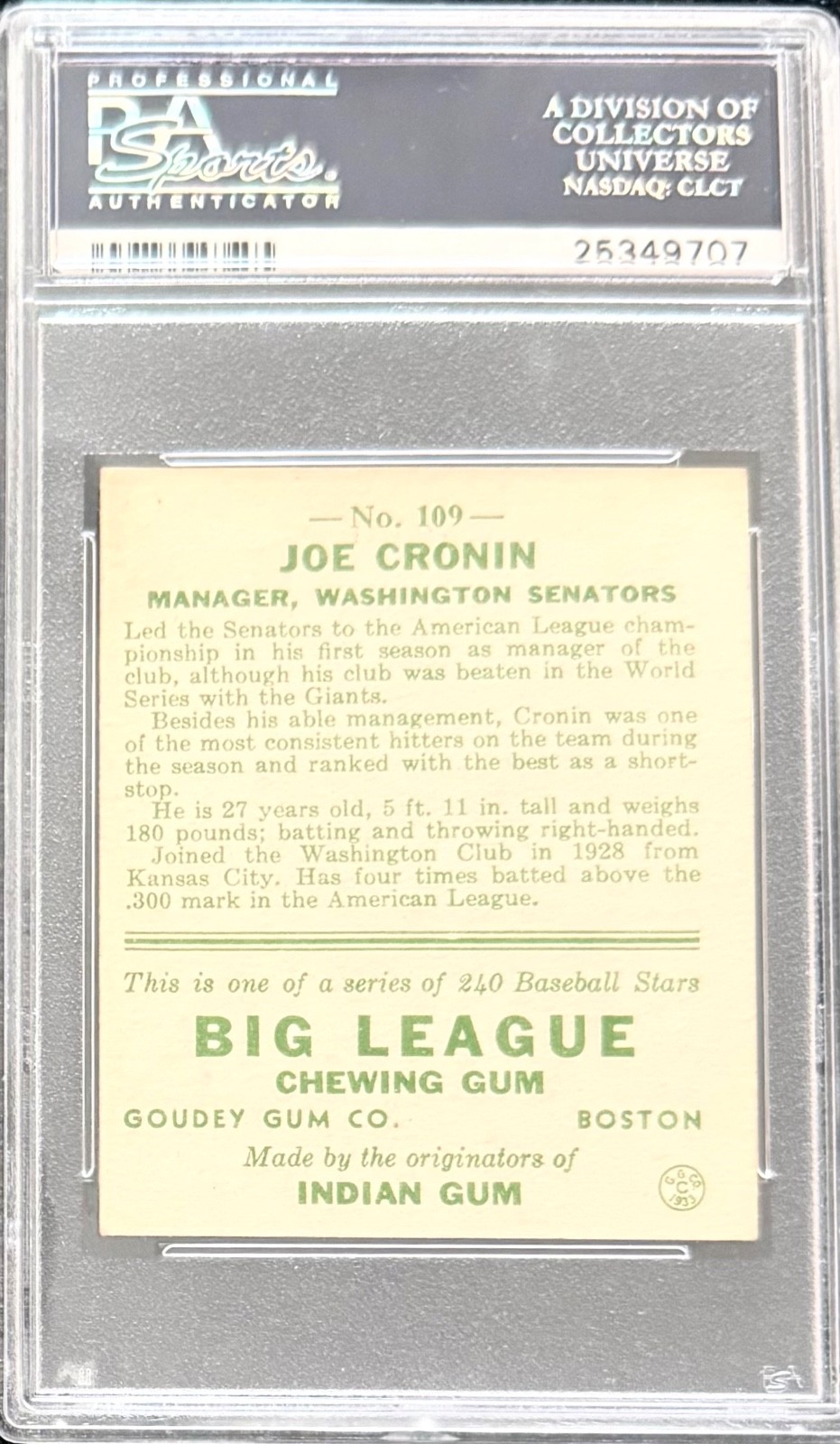 1933 Goudey Joe Cronin #109 Mgr, Washington Senators HOF PSA 4 VG-EX view 2