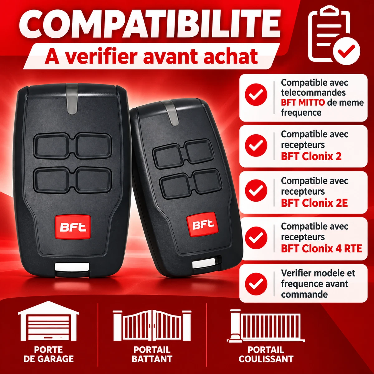 Télécommande 433.92Mhz pour Portail BFT MT B RCB4 4 Canaux Rolling Code 2PCS