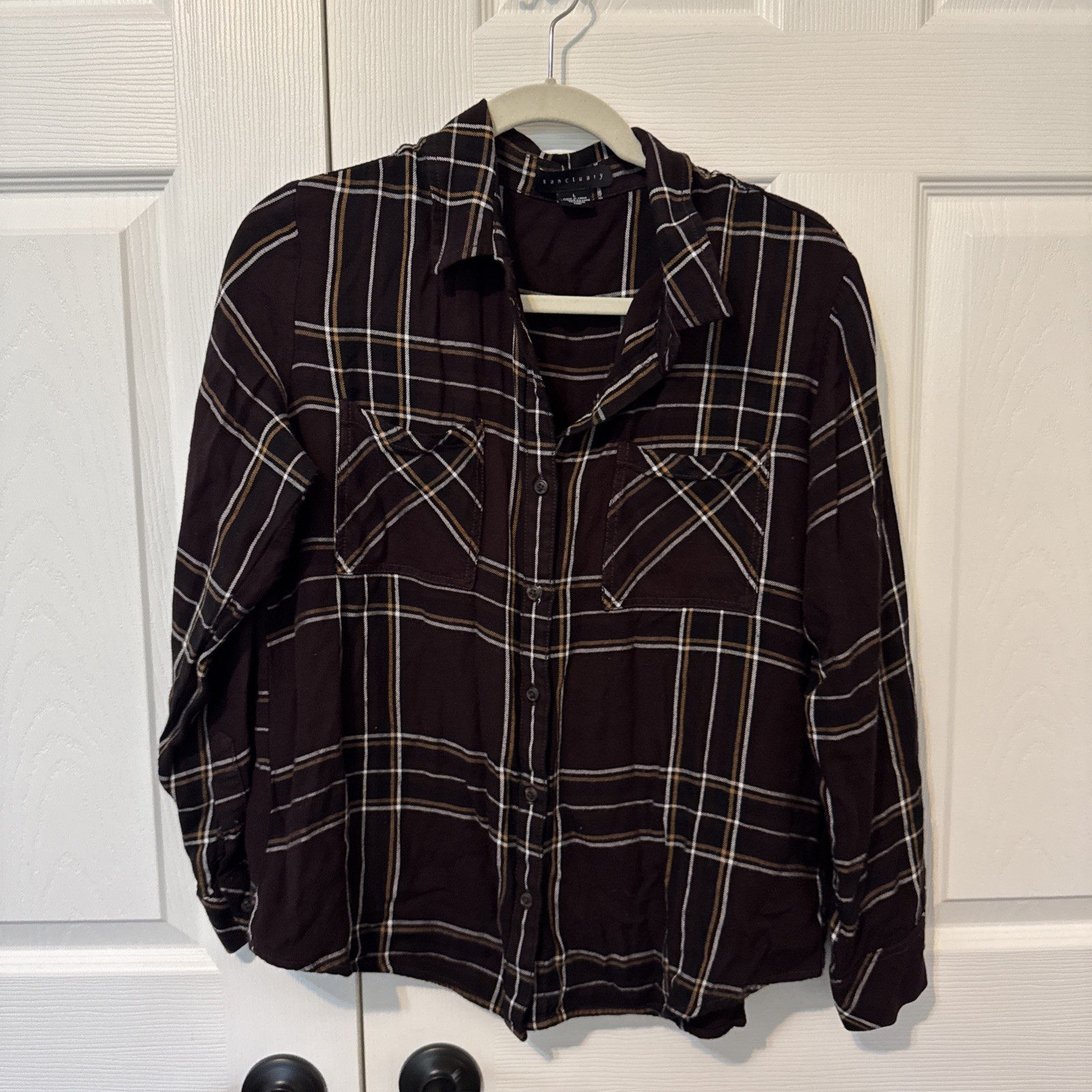 Sanctuary Clothing Womens Mod Boyfriend Button Up Shirt, brown plaid size L