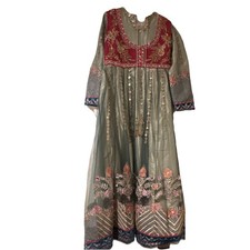 Green Red Anarkali Net Cotton Blend Salwar Kameez with Embroidery  Dupatta