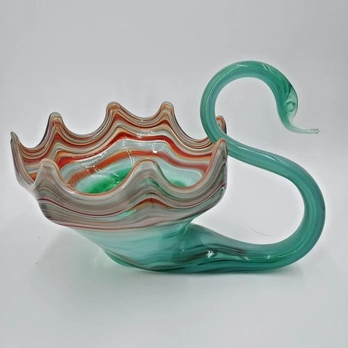 Vtg Hand Blown Murano Style Ozark Art Glass Green Brown Swirl Swan Bowl Dish