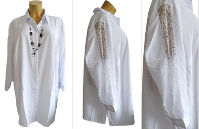 NEU Übergröße weiß Damen Long Bluse Tunika mit Kette schöne Spitze am Arm Gr. 64