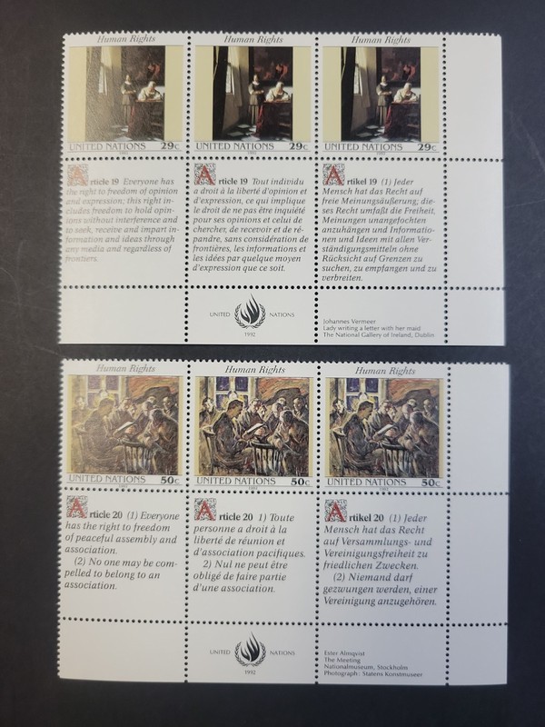 UN Human Rights MNH Corner Blocks 3 NY 616-617 Geneva 224-225 Vienna 139-140