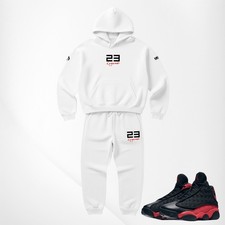Mens White 23 Legend Sweatsuit Hoodie  Joggers Set Matches Air Jordan 13 Bred