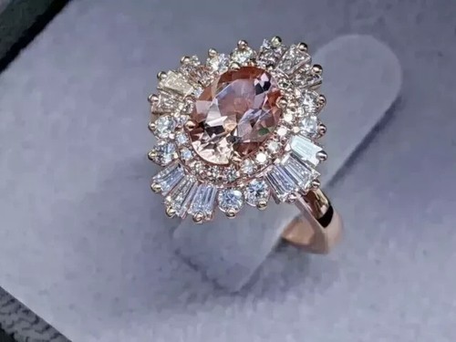 Lab Created Morganite 3Ct Oval Cut Halo Engagement Ring 14K Rose Gold Plated
