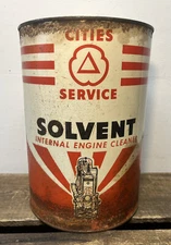 Vtg Cities Service Solvent Engine Cleaner 5 Quart Oil Can Tin Engine Graphic