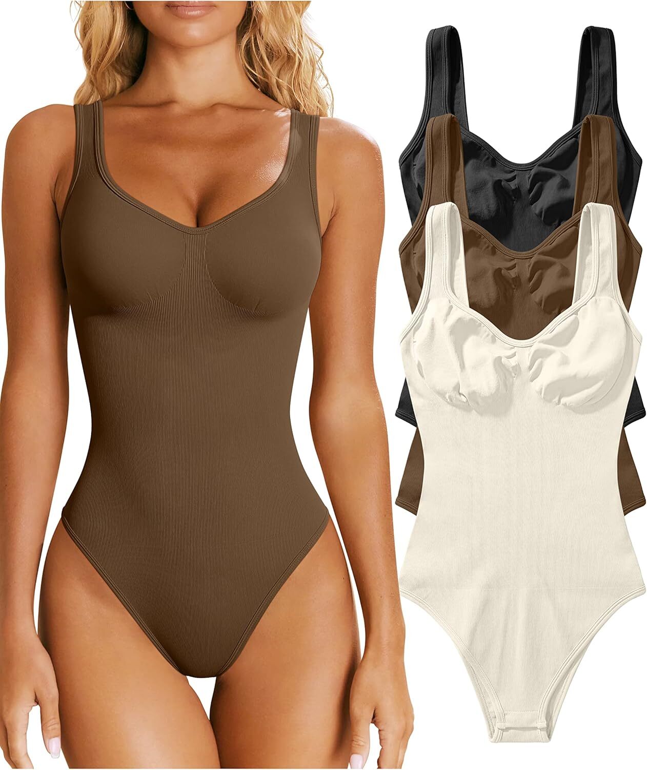 OQQ Women's 3 Piece Bodysuits Sexy Ribbed Medium, Black Coffee Beige