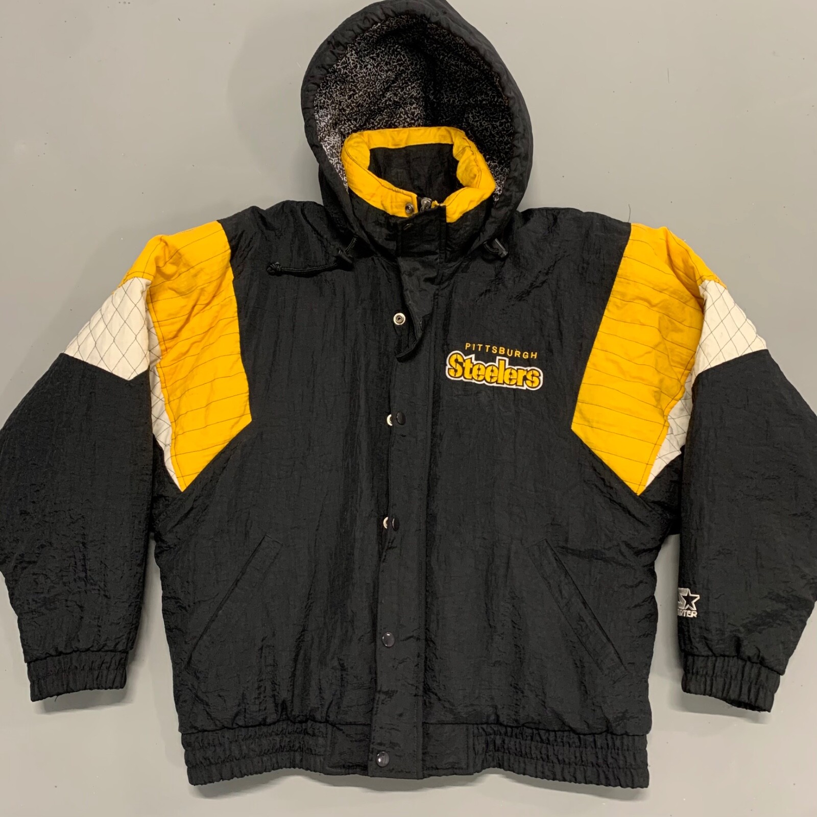 90s Vintage Starter Pittsburgh Steelers Puffer Jacket Full Zip Hooded Mens Small  