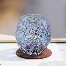 Whisky Glass Tumbler Japanese Style Edo Kiriko Glass Hand Cut To Clear 9oz Blue