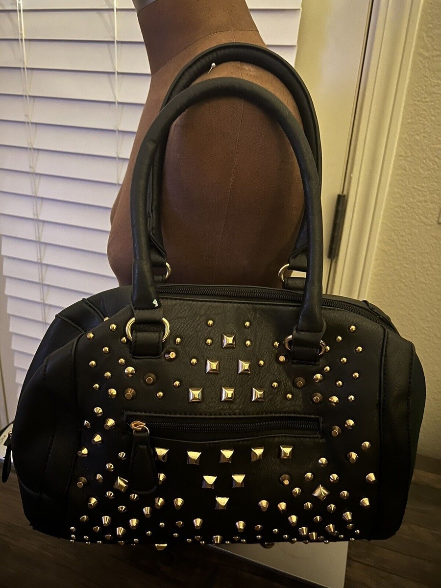Vintage Designer YOKI Large Gold Studded Black Faux Leather
