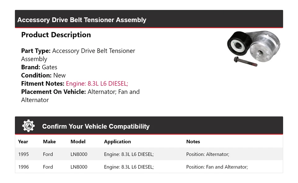 Para Ford LN8000 1995-1996 8,3 L L L6 diésel tensor de correa de transmisión montaje puertas Foto 2 de 4