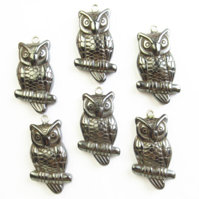 6Pcs 35x16x5mm Carved Black Hematite Owl Pendant Bead PJ4468