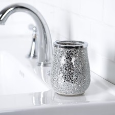Glimmer Mosaic Glass Toothbrush Holder Shiny Silver Grey Bathroom