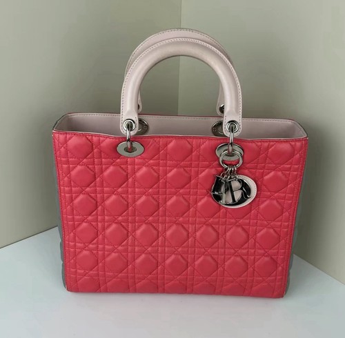 Authentic Christian Dior Lady Dior Large Tote Pink Gray Cannage Lambskin