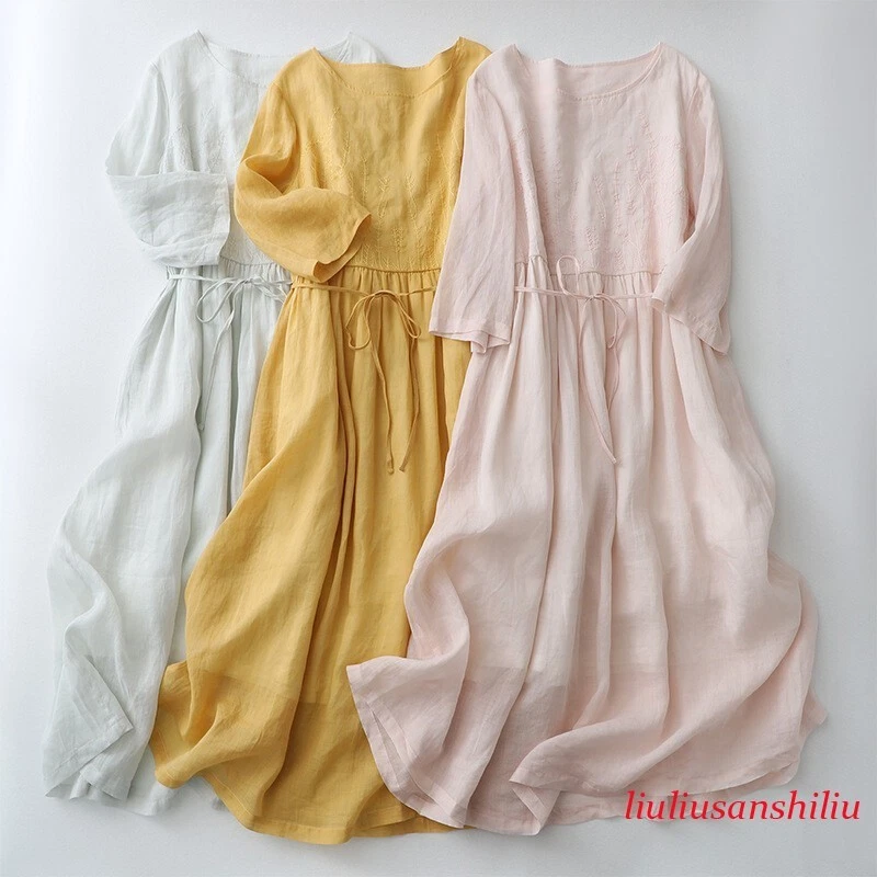 Womens Summer Round Neck Cotton Linen Embroidery Short Sleeves Belt Casual Dress