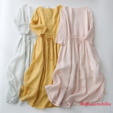 Mujer Verano Cuello Redondo Algodón Lino Bordado Mangas Cortas Cinturón Vestido Informal
