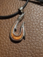 HAWAIIAN KOA WOOD FISH HOOK PENDANT Necklace Genuine Inlay Sterling Silver 925
