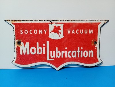 VINTAGE MOBILUBRICATION SOCONY VACUUM PEGASUS PORCELAIN ENAMEL SIGN 6'' x 3''