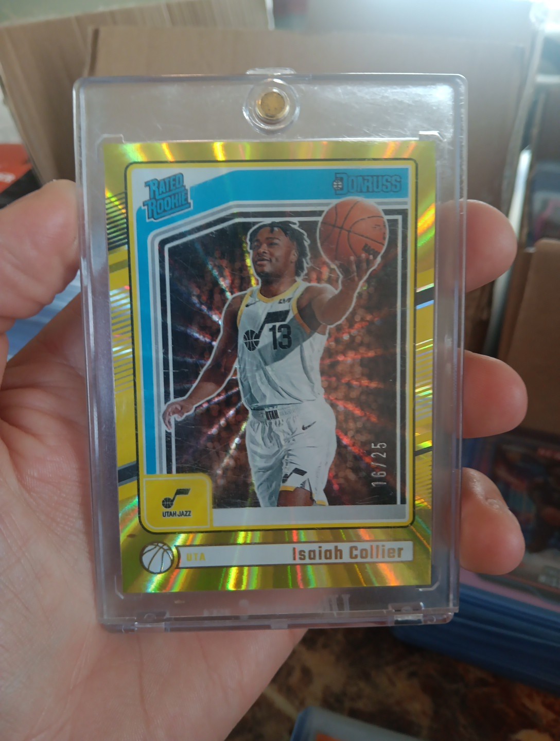 2024-25 Panini Donruss Isaiah Collier Yellow Lazer Rated Rookie Card 16/25 #237