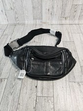 NWT Black Leather Fanny Pack Waist Bag Multi Pockets Ajustable Sling