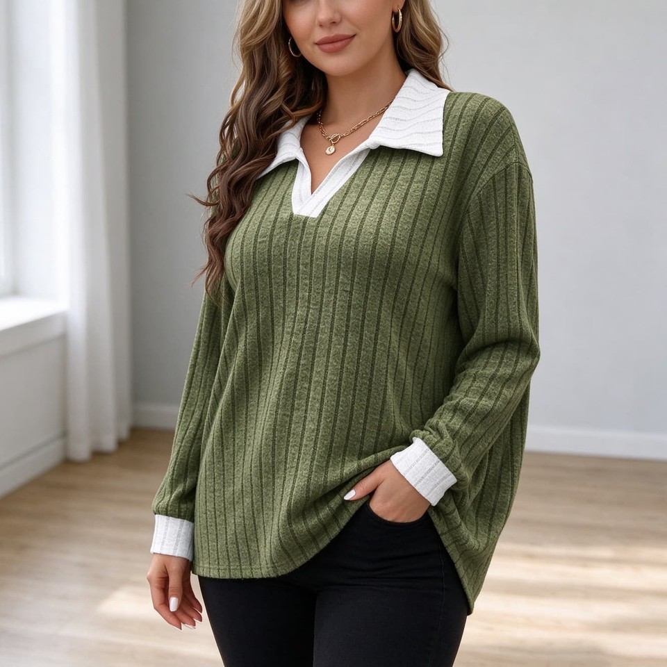 Regular Brown Color Women's Solid Color Collared Knit For Top Casual Wear Regular Length ...