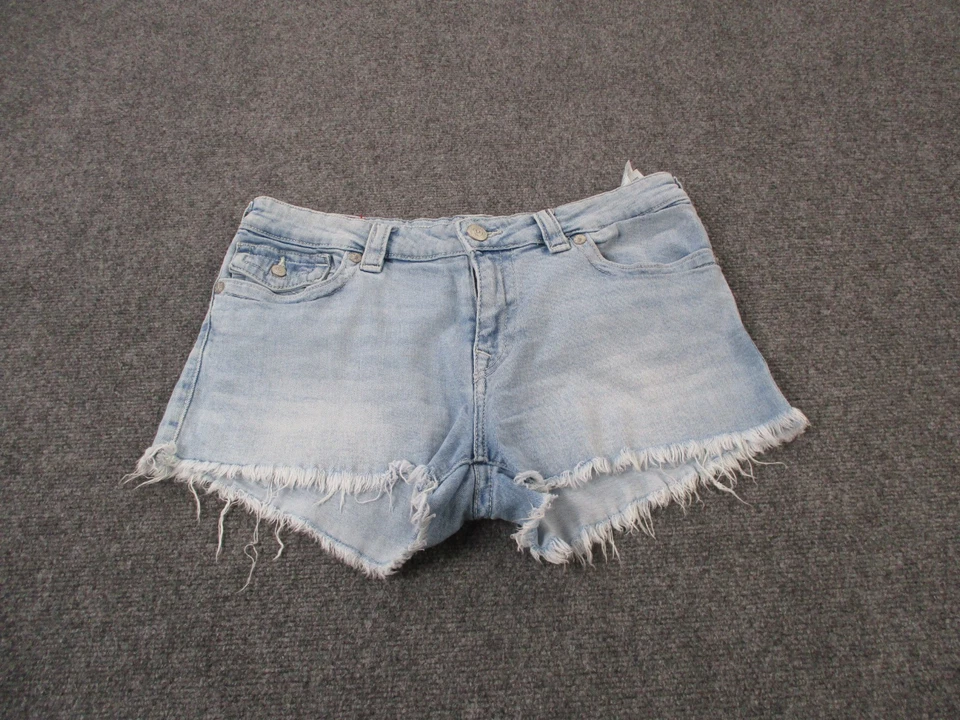 True Religion Shorts Womens 33 Blue Denim Jeans Joey Low Rise Distressed Cut Off - Image 2 of 4