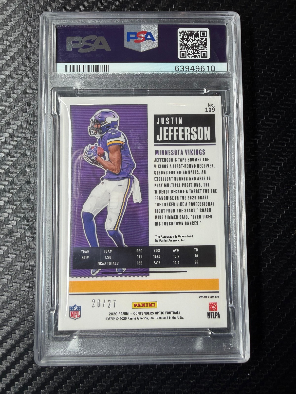 2020 Contenders Optic Rookie Ticket Auto Justin Jefferson Green Pulsar /27 PSA view 2