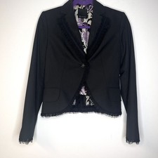 The Limited Black Ruffle Lace Trim Rhinestone Button Closure Blazer Jacket 2