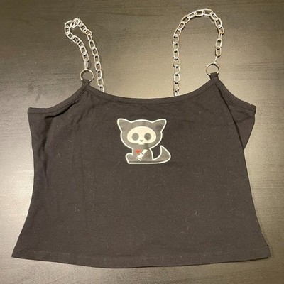 Skelanimals Kit the Cat Chain Cami Crop Top Black Size Medium Sleeveless Stretch
