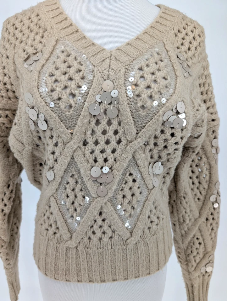 WHBM Sequin Cable Knit Sweater Beige Chunky Embellished Cozy Glam XS Holiday - Image 3 of 4
