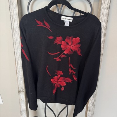 Cathy Daniel s Black Sweat With Bold Red Floral Design Size Large 