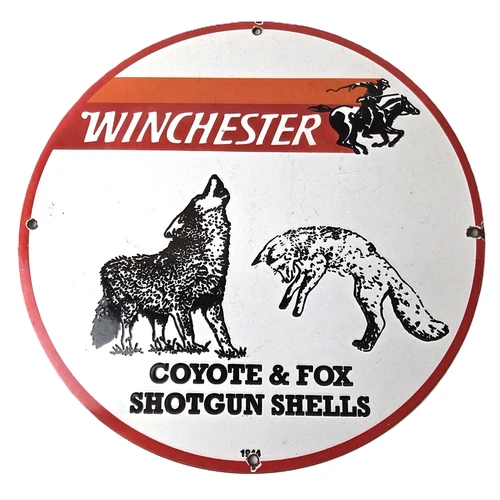 Vintage Winchester Porcelain Sign - Shot Gun Shells Coyote Fox Gas Pump Sign