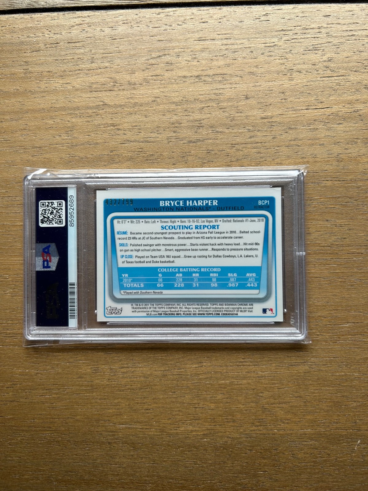 2011 Bowman Chrome Bryce Harper Refractor /799 PSA 7 view 2