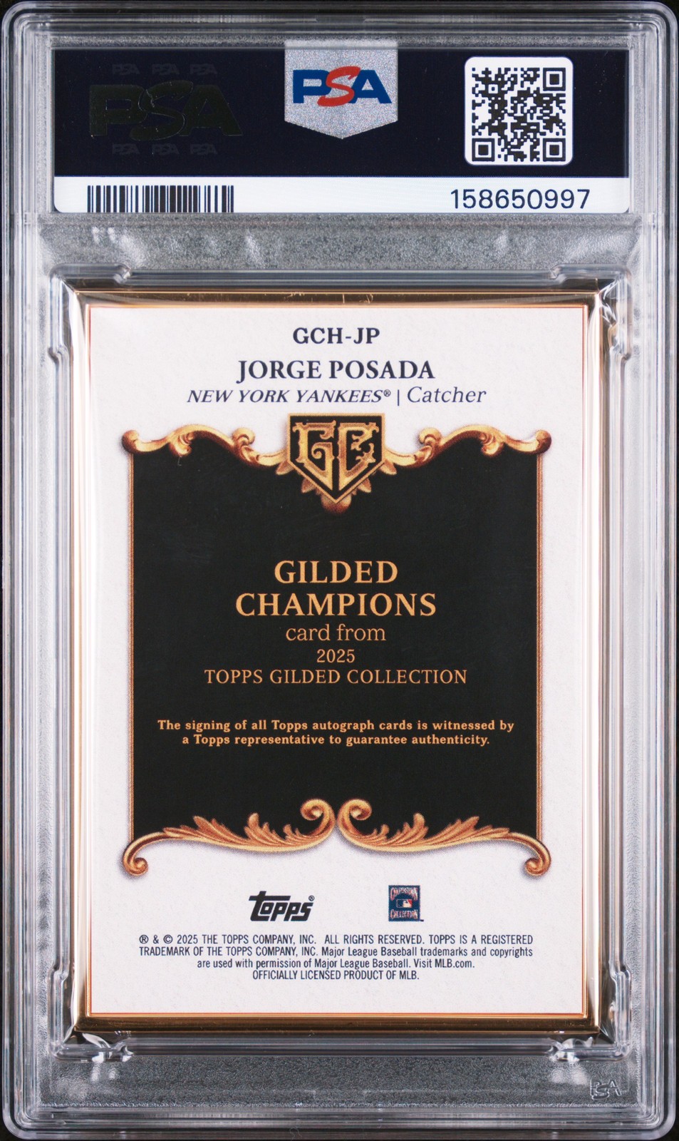 2025 TOPPS GILDED COLLECTION GILDED CHAMPIONS AUTOS JORGE POSADA 1/1 PSA 9 view 2