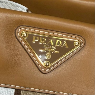Prada 1Bg561 Triangle Logo Striped Leather Canvas Tote Bag Brown