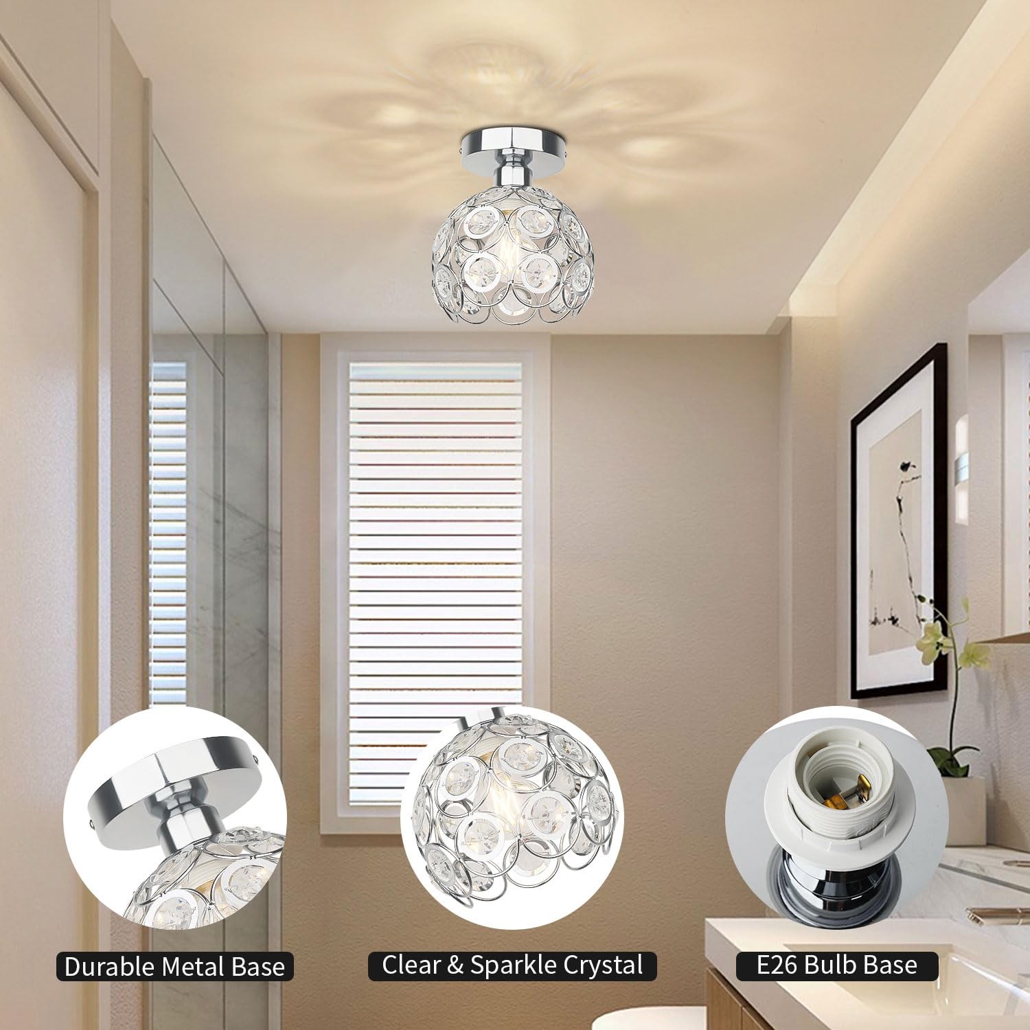 Modern Semi Flush Mount Ceiling Light Fixture, Mini Chandelier Crystal Lamp,