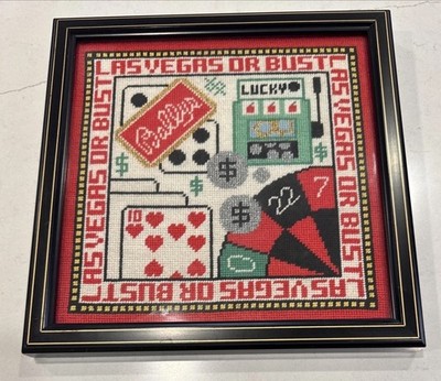 Las Vegas Or Bust Needlepoint Framed Wall Art Bally's Casino Cards