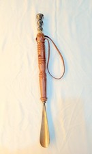 22" Long Handle Wooden Shoe Horn Leather Brass Antique Finish Dressing Aid