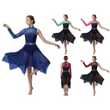 US Womens Lyrical Dance Bodysuit Dress Floral Lace One Shoulder Ballet Leotard