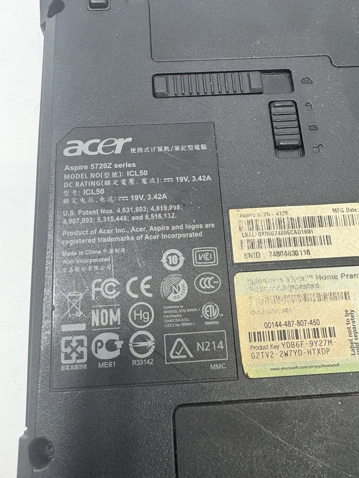 Portátil Acer Aspire serie 5720Z NO PROBADO COMO ESTÁ Foto 4 de 4