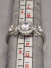 Sterling Silver Three Stone Halo Engagement Ring Size UK-N.5, US- 7, 3.21 Grams