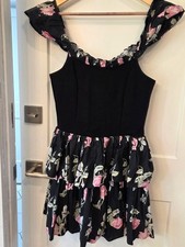 LoveShackFancy floral mini dress black ruffle strap coquette babydoll tiered