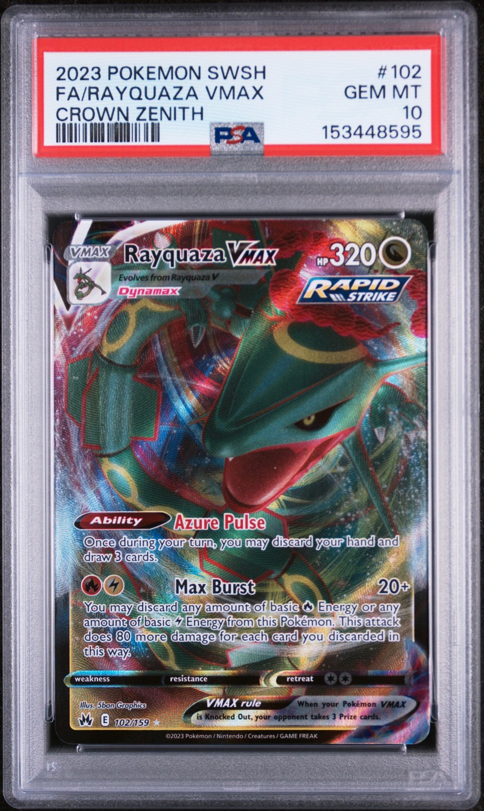 2023 POKEMON SWORD & SHIELD CROWN ZENITH #102 FULL ART/RAYQUAZA VMAX PSA 10