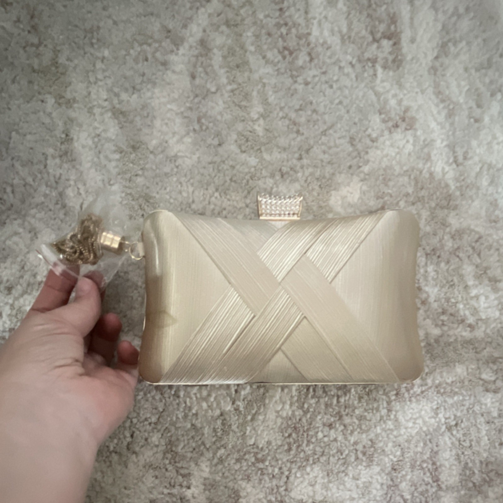 Ivory Satin Clutch Bag with Gold Chain Strap and Rhinestone Clasp