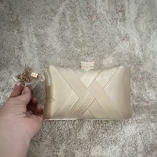 Ivory Satin Clutch Bag with Gold Chain Strap and Rhinestone Clasp
