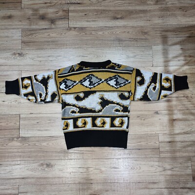 Vintage Strickpullover schwarz weiß & senfgelb Blockmuster Retro   M