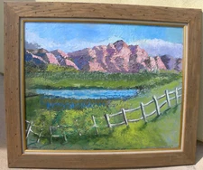 Impressionist signed '89 large mountains meadow landscape painting palette knife